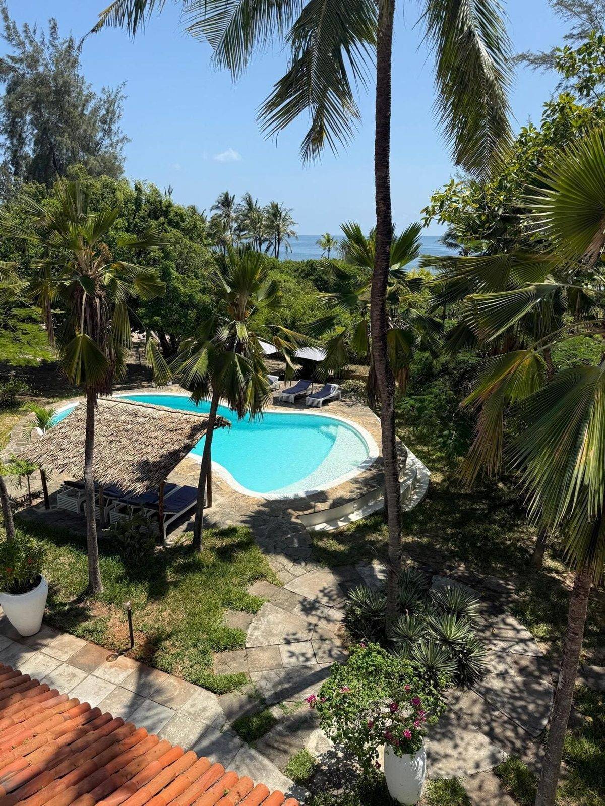 Pool and gardens at Sandbox seen from above
