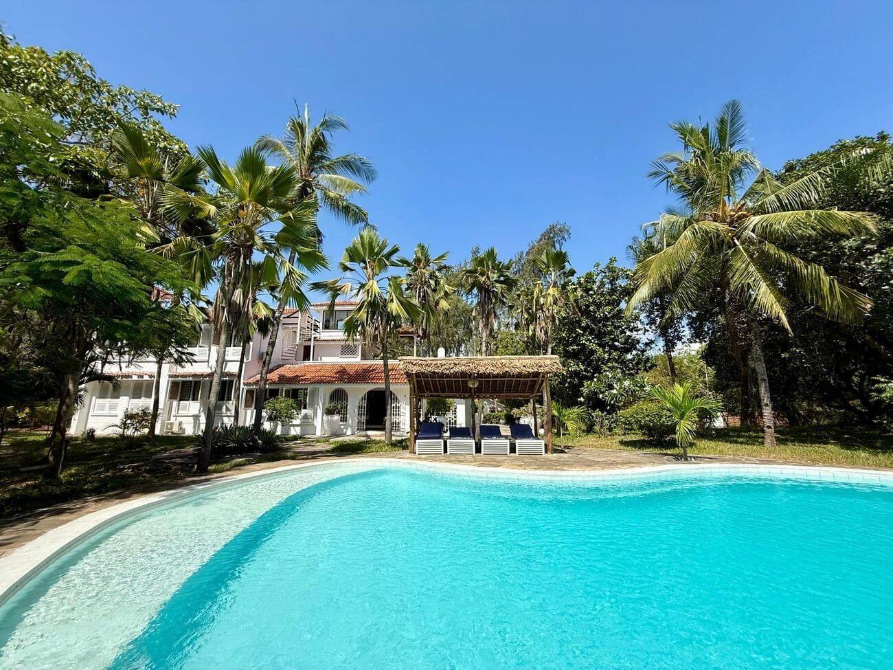 Private pool, loungers and palm trees at Sandbox